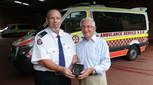  Norman Webster was presented with a NSW Ambulance Cardiac Arrest Survivor Award by paramedic Ron Davidson. Source: News Limited 